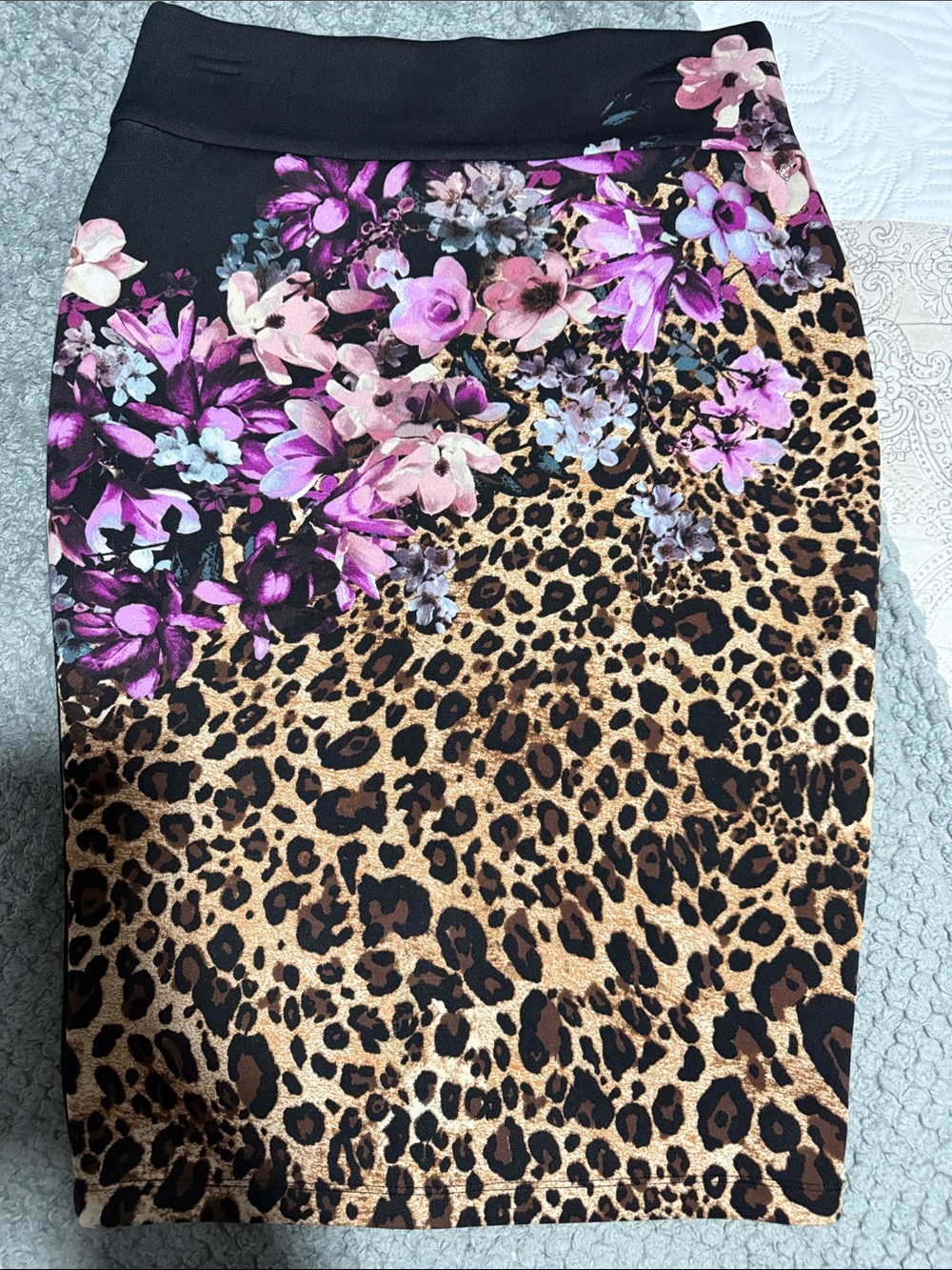 Floral & Leopard Print Pencil Skirt - Black with Pink Floral